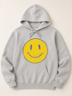 Gray Hooded Sweatshirt with Yellow Smiley Graphic - unisex